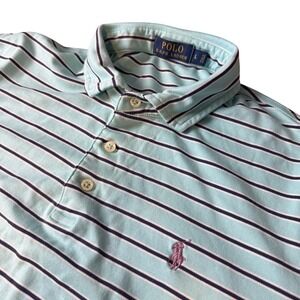 Polo Ralph Lauren Mens Large Blue Striped Short Sleeve Cotton Polo Pink Pony